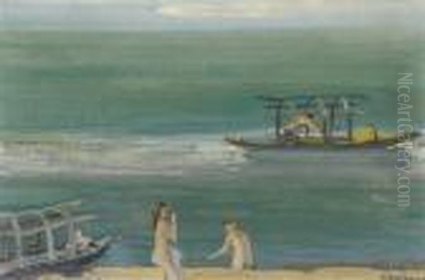 Boats And Bathers At Lago Maggiore Oil Painting by Maurice Barraud