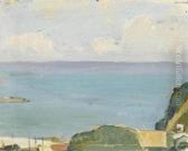 Kustenpartie Mit Booten An Turkisblauer See. Oil Painting by Maurice Barraud