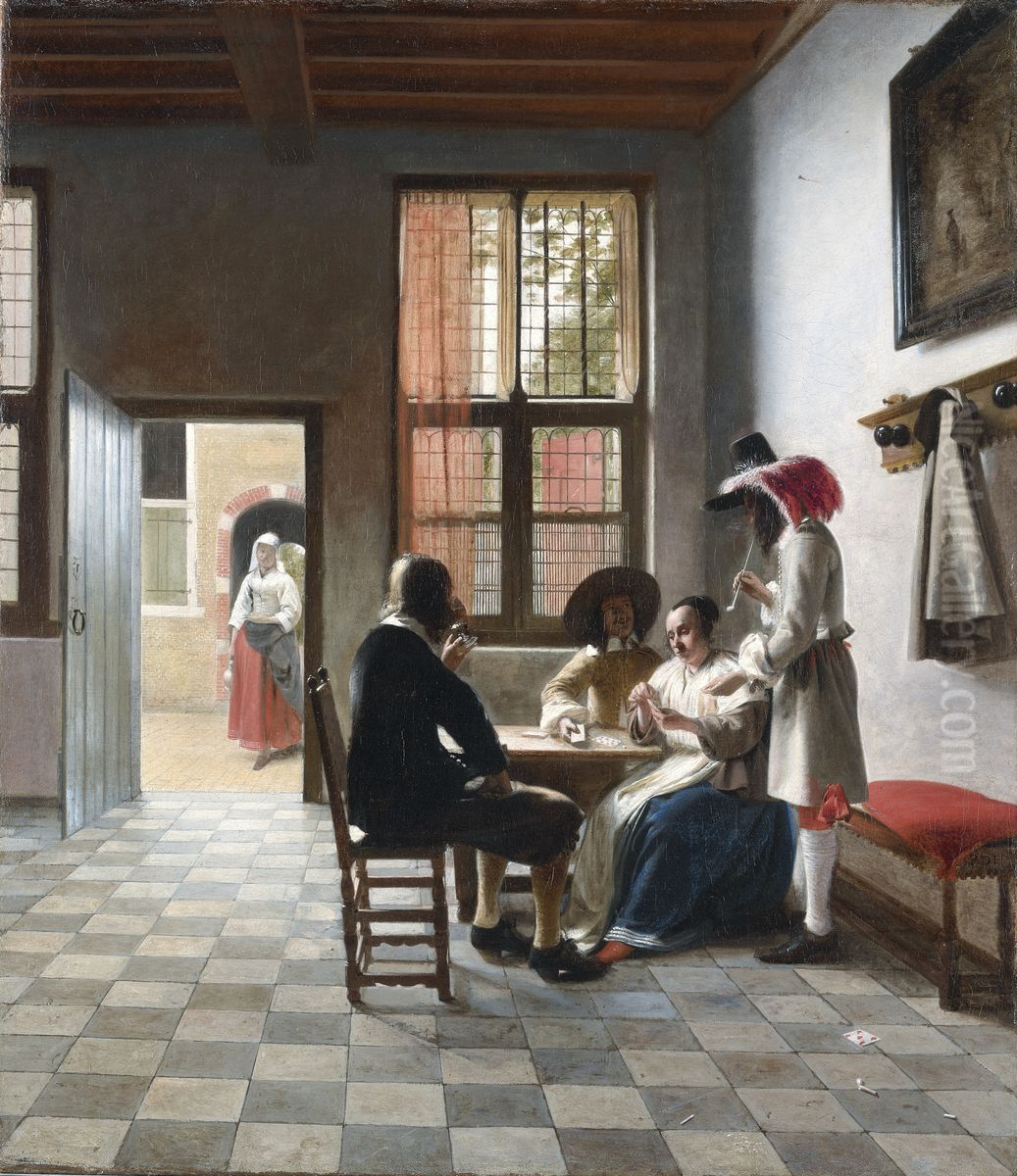 Cardplayers in a Sunlit Room Oil Painting by Pieter De Hooch