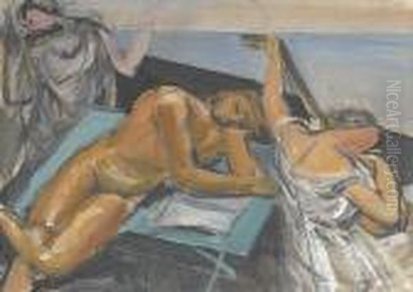 Mannerakt Mit Zwei Musizierenden Frauen Am Strand Oil Painting by Maurice Barraud