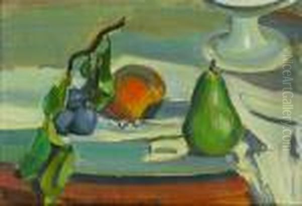 Fruchtestillleben Mit Zwetschgen, Pfirsich Und Birne Oil Painting by Maurice Barraud