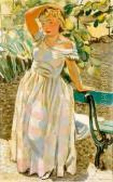 Jeune Femme Pres D'un Banc Oil Painting by Maurice Barraud