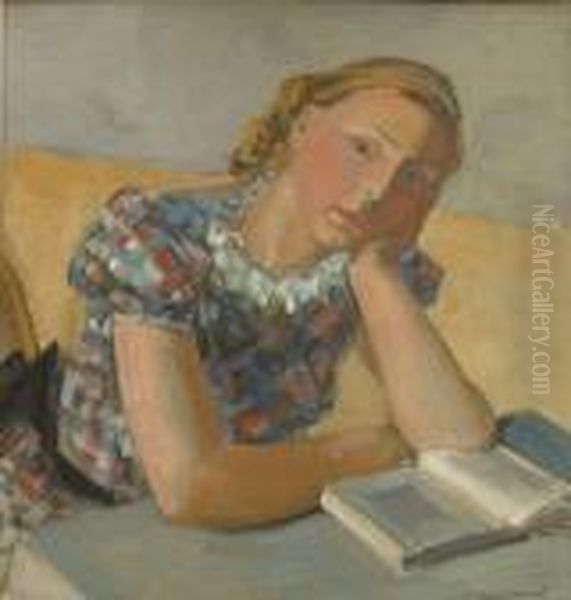 Portrait D'une Jeune Fille Avec 
Livre - Portrait De Mlle Ansermet, La Future Epouse De Maurice Barraud Oil Painting by Maurice Barraud