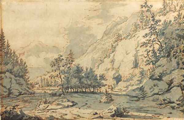 A mountainous wooded river landscape with travellers on a road Oil Painting by Jan Hackaert