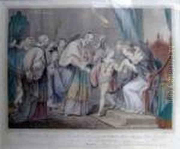 Ra , After Giovanni Battista 
Cipriani Ra , 'the Dowager Queen Of Edward 4th Parting With The Duke Of 
York To The Two Archbishops', Handcoloured Engraving, 33cm X 39cm, 
Framed Oil Painting by Francesco Bartolozzi