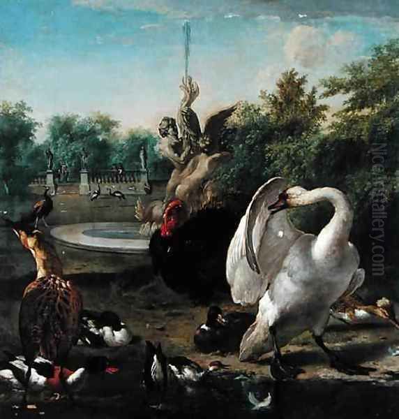 A Park with Swan and Other Birds Oil Painting by Melchior de Hondecoeter