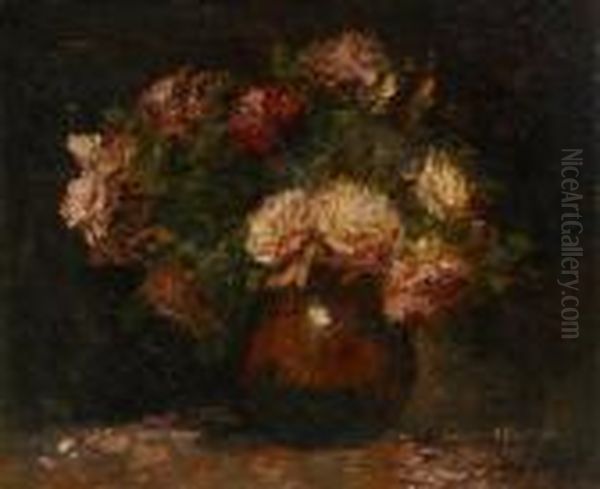 Vase Fleuri De Roses Oil Painting by Alfred Bastien