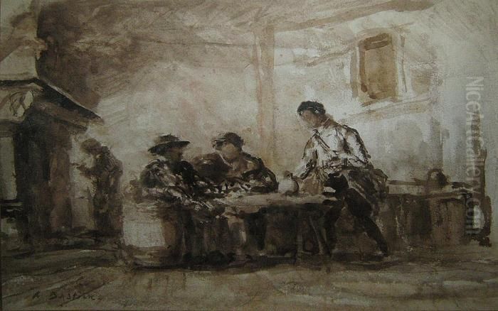 Personage In Een Herberg. Oil Painting by Alfred Bastien