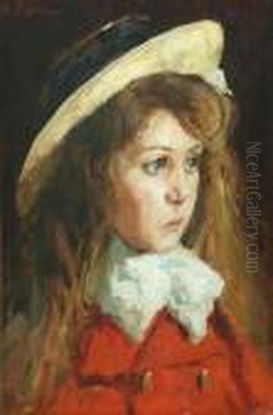 Portrait De Fillette Au Chapeau Oil Painting by Alfred Bastien
