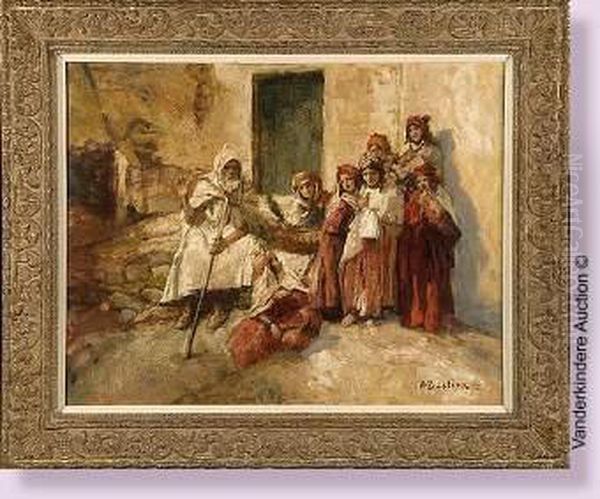 Vieillard Et Jeunes Filles Dans Une Ruelle En Afrique Du Nord Oil Painting by Alfred Bastien
