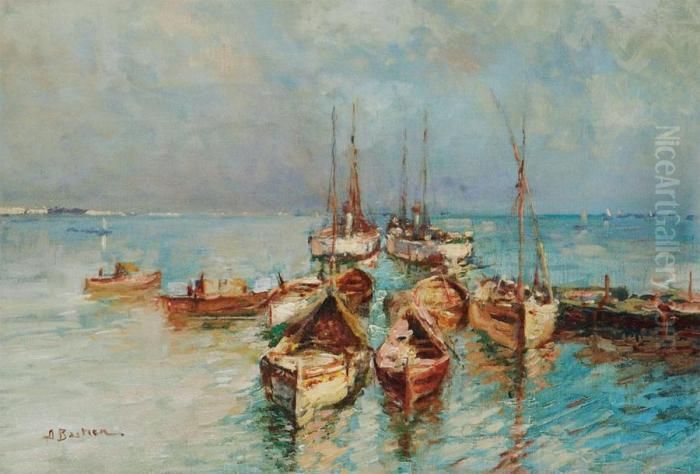 Boats In A Mediterranean Harbour Oil Painting by Alfred Bastien
