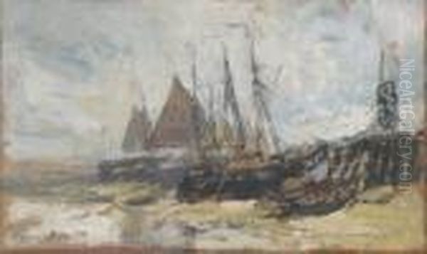 Moored Fishing Boats Oil Painting by Alfred Bastien