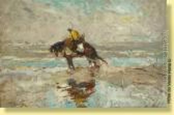 Pecheur De Crevettes A Cheval Oil Painting by Alfred Bastien