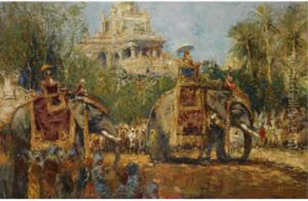 Le Maharaja Et Ses Elephants A La Procession Du Festival Dedussehra A Mysore Oil Painting by Alfred Bastien