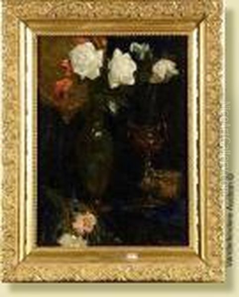Nature Morte Aux Roses Blanches Oil Painting by Alfred Bastien