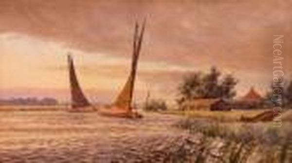 Broads Scene With Barges
And Boathouse Oil Painting by Stephen John Batchelder