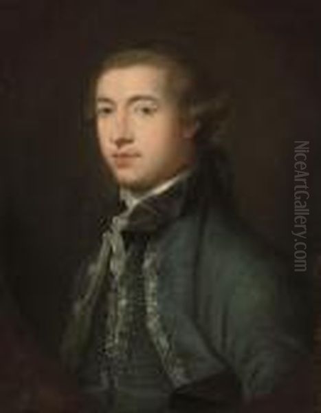 Portrait Of A Gentleman, 
Half-length, In A Blue Coat, A Hat Underhis Left Arm, In A Feigned Oval Oil Painting by Pompeo Gerolamo Batoni