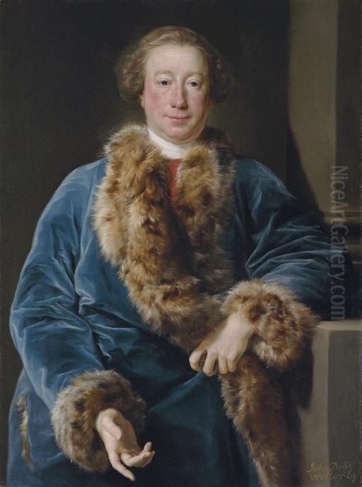 Portrait Of John Rolle Walter 
(1712-1779), Three-quarter-length, In A Fur-trimmed Blue Coat, Leaning 
On A Plinth Oil Painting by Pompeo Gerolamo Batoni