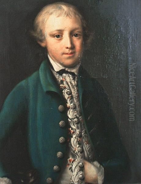 Portrait Of A Young Boy, 
Traditionally Identified As A Young Horatio Nelson, Half-length, In A 
Blue Coat With A White Embroidered Waistcoat, And A Small Dog At His 
Side Oil Painting by Pompeo Gerolamo Batoni