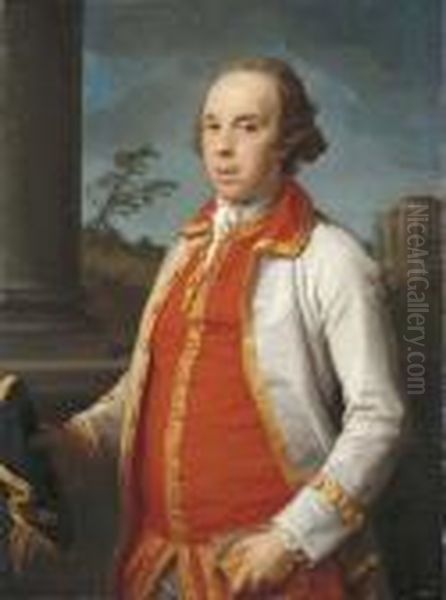 Portrait Of Robert Udny 
(1722-1802), Half-length, In A Gold-trimmed Coat, Holding A Hat And 
Gloves In His Right Hand, The Temple Of The Sybil At Tivoli Beyond Oil Painting by Pompeo Gerolamo Batoni