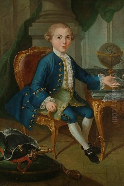 Portrait Of A Child, Seated At A
 Desk, With A Blue Coat And Breeches And A Green Embroidered Waistcoat, 
Gesturing To A Globe And Maps Oil Painting by Pompeo Gerolamo Batoni