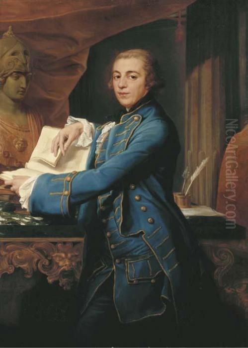 Portrait Of John Crewe, Later 
1st Baron Crewe (1742-1829),three-quarter-length, In A Gold-embroidered 
Blue Coat Andwaistcoat, Holding A Book, By A Marble-topped Table With A 
Bust Ofminerva, In An Interior Oil Painting by Pompeo Gerolamo Batoni