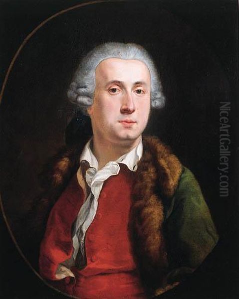 Portrait Of A Nobleman, Half 
Length, Wearing A Fur-lined Greencoat, Red Waistcoat, Lace Chemise And 
Wig, In A Painted Oval Oil Painting by Pompeo Gerolamo Batoni