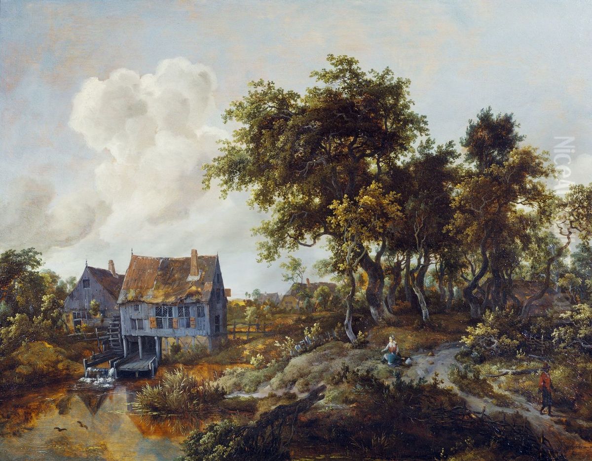 A Watermill Beside A Woody Lane Oil Painting by Meindert Hobbema