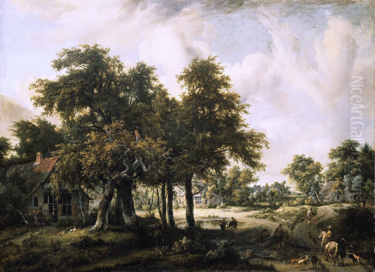 Wooded Landscape with Cottages Oil Painting by Meindert Hobbema