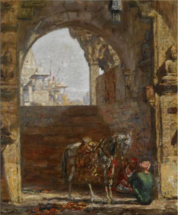 Figures And A Horse Under A Gateway, India Oil Painting by Marius Bauer