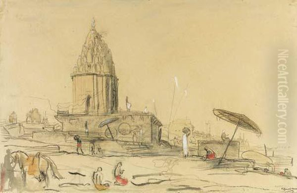 A Temple On The Ganges At 
Benares (recto); A Sketch Of Temples Andother Buildings Along The Ganges
 (verso) Oil Painting by Marius Bauer