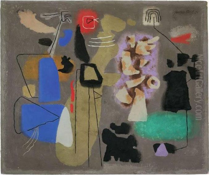 Komposition Auf Oliv (paradies Am Abend Des Sundenfalls) Oil Painting by Willi Baumeister