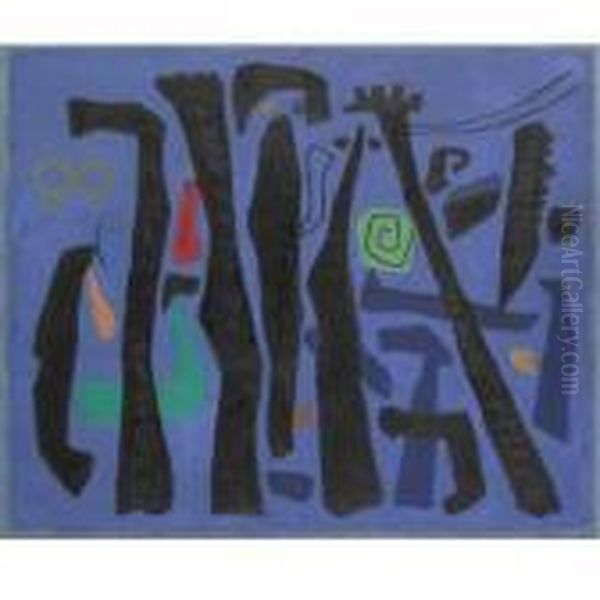 Bewegte Vertikalen Auf Blau Oil Painting by Willi Baumeister