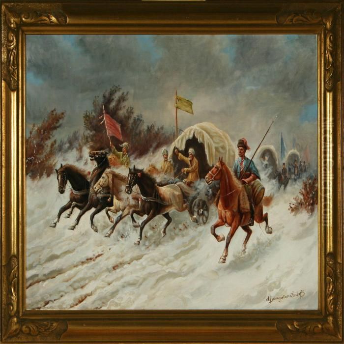 Cossacks Attacking A Caravan Oil Painting by Adolf Baumgartner