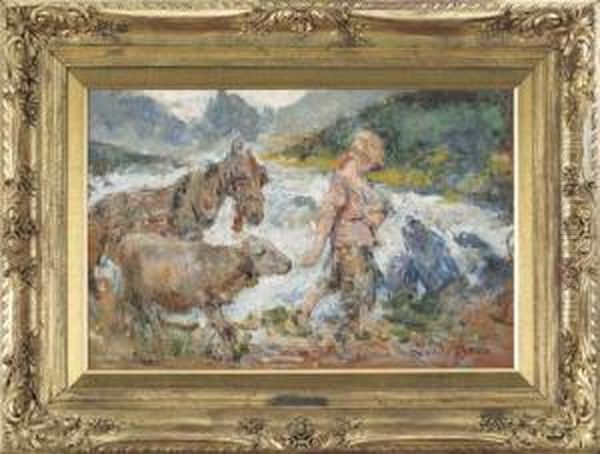 Contadina Con Armenti Oil Painting by Leonardo Bazzaro