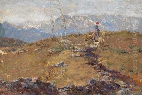 Die Schafhirtin In Den Bergen Oil Painting by Leonardo Bazzaro