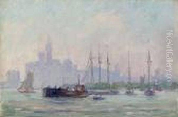 Sailboats In New York Harbor Oil Painting by Reynolds Beal