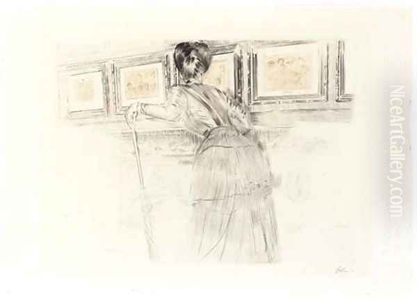 Madame Helleu devant les Watteau du Louvre Oil Painting by Paul Cesar Helleu