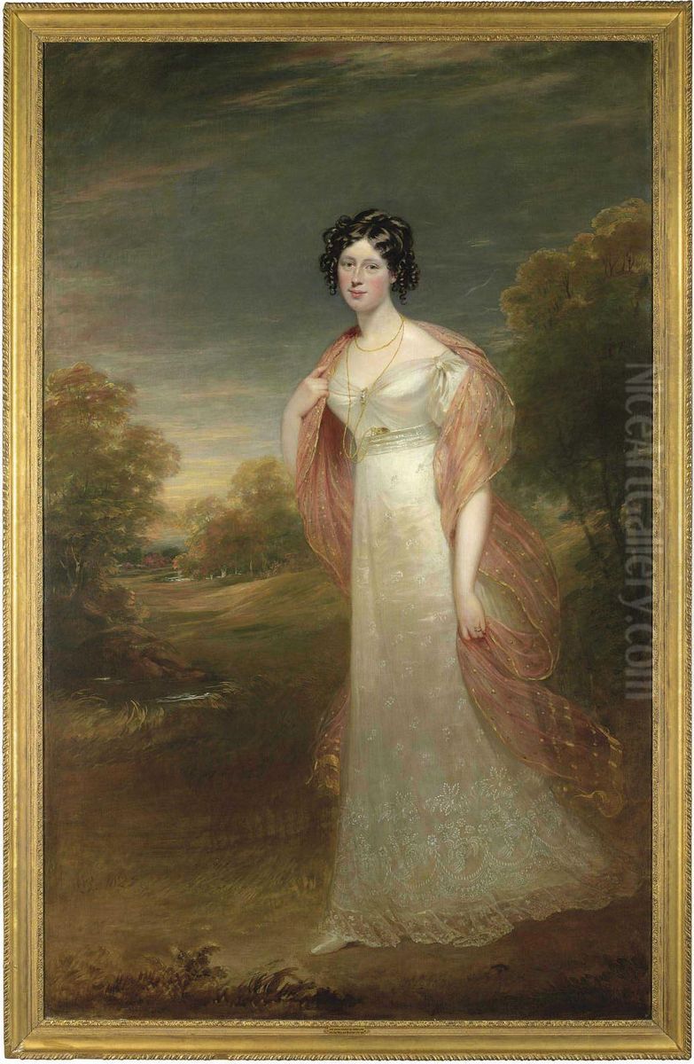 Portrait Of Ann Maria Harriet De
 Rhodes (1793-1849), Full-length, In A White Dress And Pink Chiffon 
Wrap, A Wooded Landscape Beyond Oil Painting by Sir William Beechey