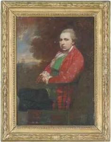 Portrait Of Charles William Le 
Geyt, Seated, Three-quarter-length,in A Red Coat, Green Waistcoat And 
Black Breeches, A Book In Hisright Hand, A Landscape Beyond Oil Painting by Sir William Beechey