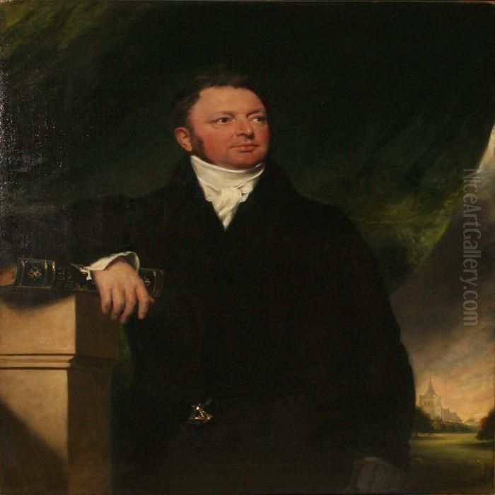 Portrait Of A Gentleman In A 
Black Jacket With One Handresting On The Bible, In The Background A 
Church Oil Painting by Sir William Beechey