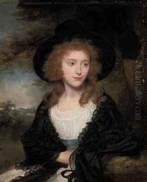 Portrait Of Lady Georgiana 
Beauclerk (1776-1791), Half-length, In Asilk Gown, With A Black Hat And 
Shawl, A Landscape Beyond Oil Painting by Sir William Beechey