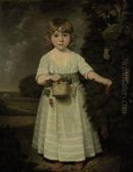 Portrait Of A Young Girl, 
Full-length, In A White Dress With A Bluesash, A Basket With Grapes In 
Her Right Hand, In A Landscape Oil Painting by Sir William Beechey