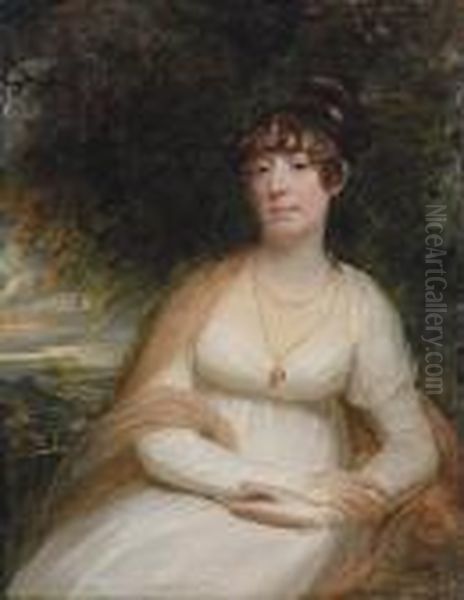 Portrait Of Josephine Sophia 
Newton, Lady Cooper, Three-quarter-length, Seated, In A White Gown, With
 A Shawl And Pendant Brooch, A Landscape Beyond Oil Painting by Sir William Beechey