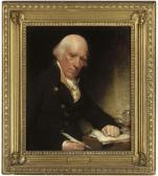Portrait Of Warren Hastings, 
Seated At A Writing Table With Hisleft Hand On A Letter Signed With His 
Name Oil Painting by Sir William Beechey