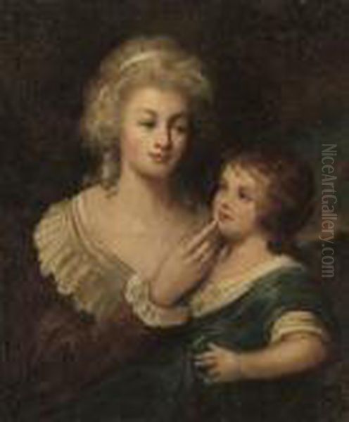 Portrait Of A Mother And Child, 
Half-length, The Former In A Reddress, The Latter In A Blue Dress, In A 
Landscape Oil Painting by Sir William Beechey
