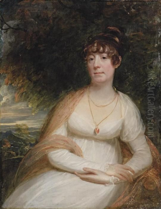 Portrait Of Josephine Sophia 
Newton, Lady Cooper,three-quarter-length, Seated, In A White Gown, With A
 Shawl Andpendant Brooch, A Landscape Beyond Oil Painting by Sir William Beechey