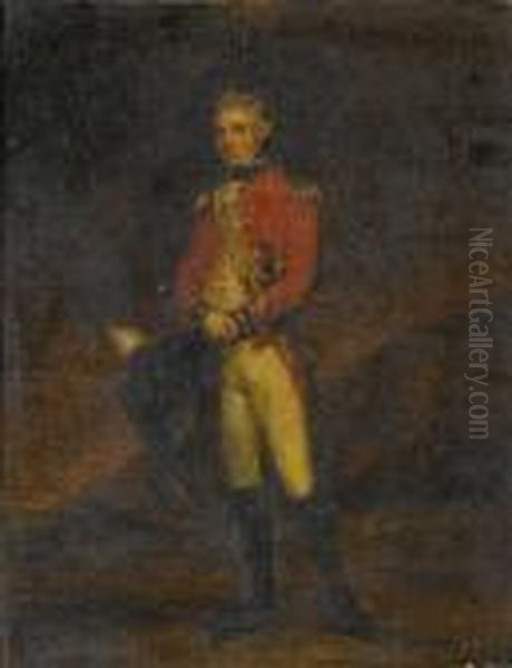 Portrait Of An Officer, Small 
Full-length, Standing In An Open Landscape With An Encampment Beyond Oil Painting by Sir William Beechey
