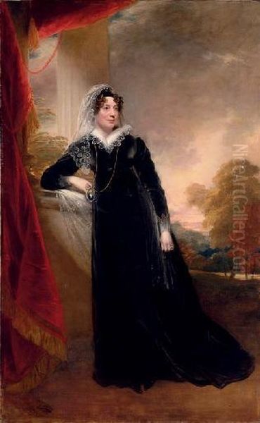 Portrait Of Mrs. Calverley 
Bewicke, Full-length, In A Black Dress, Her Right Arm On A Ledge, A 
Cameo Portrait In Her Hand, A Landscape Beyond Oil Painting by Sir William Beechey