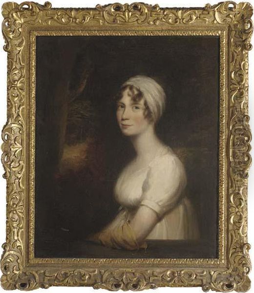 Portrait Of Miss Morley, 
Three-quarter-length, In A White Dress And Yellow Glove, A Landscape 
Beyond Oil Painting by Sir William Beechey